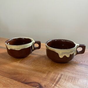 Two Vintage 1970s Stoneware Mugs Brown Drip Wide Mouth Japan Soup Cup Ceramic